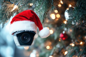 A monitoring camera with a Santa hat, embellished with Christmas lights on a tree, blending themes of security and holiday festiveness with a frosty backdrop.