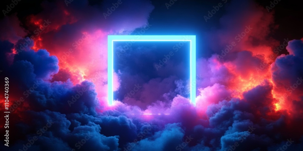 Poster neon square frame surrounded by vibrant colorful clouds in futuristic ethereal sky
