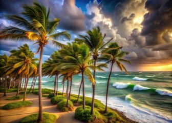 Obraz premium Tilt-Shift Photography of a Powerful Tropical Storm with Intense Winds and Waves Crashing on a Palm-Lined Shoreline, Capturing the Beauty and Fury of Nature's Forces