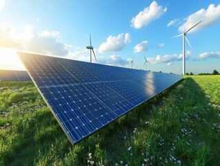 A field of solar panels reflecting sunlight next to wind turbines spinning in the breeze