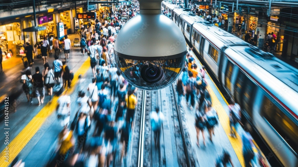 Poster busy train station with security camera and train in motion