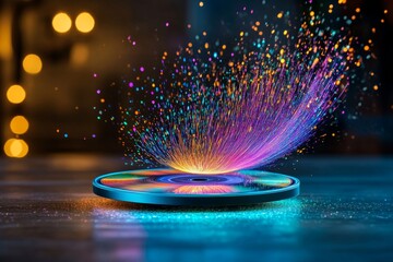 A glowing 3D CD player ejecting a disc, with colorful holographic light patterns radiating from the CD surface