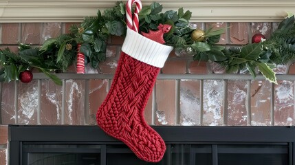 A red stocking hanging on a mantle filled with candy canes and gifts.