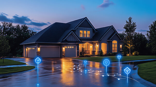 Smart home with upgrades at dusk, showcasing modern technology and elegance