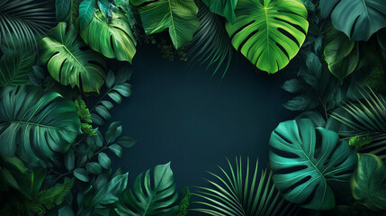 Naklejka premium green monstera leaves creating a lush, chaotic backdrop symbolizing nature's untamed beauty and the intricate balance of growth in an organic environment