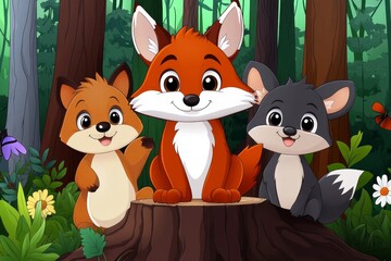Obraz premium A group of cartoon animals depicted in a semi-realistic forest, interacting with nature in a whimsical way