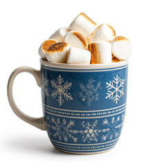 A festive blue mug filled with fluffy marshmallows, some toasted to perfection