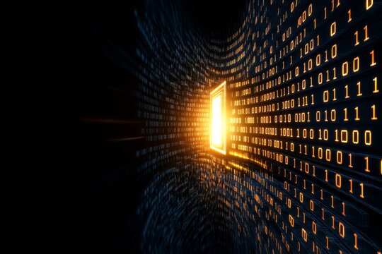 A minimalist depiction of a glowing byte icon transitioning from one square to another in a linear, geometric pattern