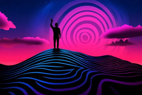 A minimalist design of a silhouette waving goodbye, with bold black lines against a soft pastel gradient