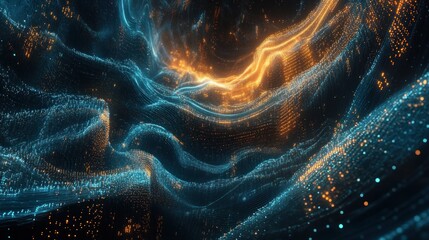 Abstract digital landscape with flowing lines and glowing particles in blue and orange hues.