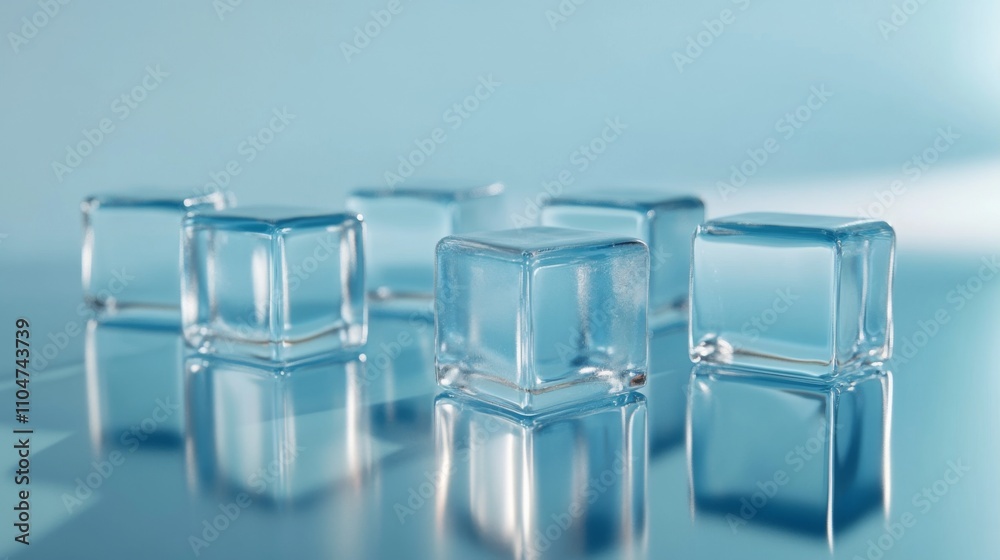Poster Clear Ice Cubes Glimmering on Smooth Surface with Soft Blue Background