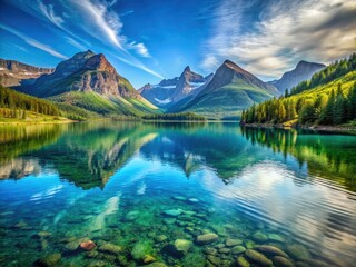 Vintage Style Photography of Clear Blue Waters in Glacier National Park, Scenic Lake Views, Majestic Mountains, Nature&acirc;&euro;&trade;s Beauty, Tranquil Reflections, Outdoor Adventure, Timeless Landscapes
