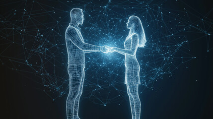 Polygonal man and woman holding hands, showing connection and teamwork