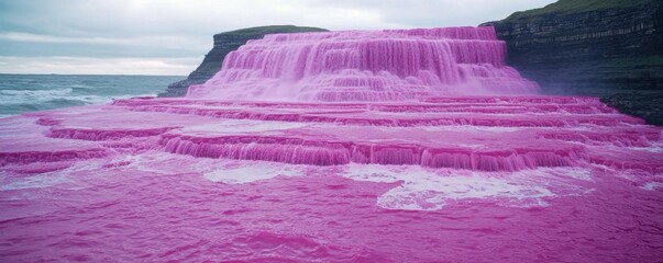 Pink Waterfall Ocean Cascade Surreal Nature Scene