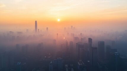 Fototapeta premium Urban Skyline at Sunset with Smog Effect