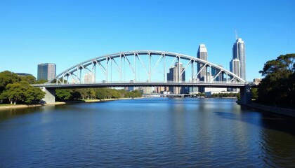 Naklejka premium Elegant bridge over serene river city skyline in the distance