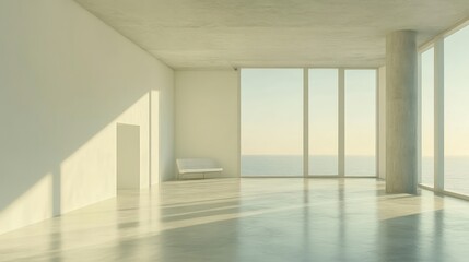 Fototapeta premium Minimalist modern apartment with ocean view, sunlight streaming through large windows, white walls, polished concrete floor.