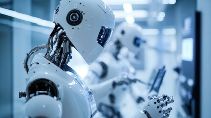 A high-tech robotics laboratory conducting experiments with advanced AI and robotic prototypes, Research and development style, photo of