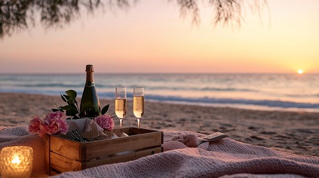 Romantic beach picnic at sunset with champagne and flowers. (1) - Powered by Adobe