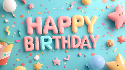 A colorful birthday sign with balloons and stars