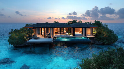 Fototapeta premium luxurious overwater villa with a sleek, modern design, offering breathtaking views of the turquoise ocean and a perfect blend of comfort and elegance for an unforgettable tropical getaway