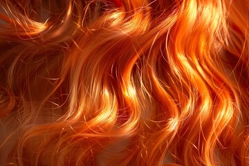 Closeup of vibrant, flowing red hair. Shiny, wavy strands create a luxurious texture.