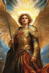 Obraz premium Digital Painting of Archangel Michael in Golden Armor Holding a Spear with Radiant Halo