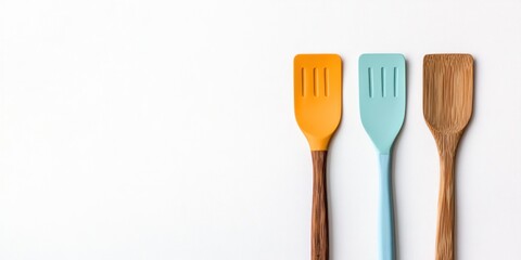 Three colorful spatulas on white background.