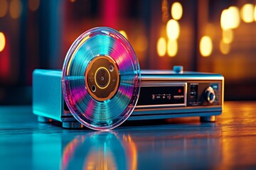 A scratched CD next to an old school boombox, evoking a nostalgic 90s vibe