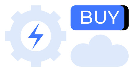 Blue BUY button, light blue cloud, and light blue gear with a lightning bolt symbol in the center. Ideal for e-commerce, technology services, online shopping, cloud computing, digital marketing