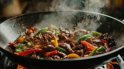 Sizzling stir-fry action kitchen food preparation indoor close-up culinary creativity