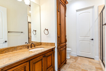 Elegant bathroom with wooden cabinetry and modern fixtures in a cozy home