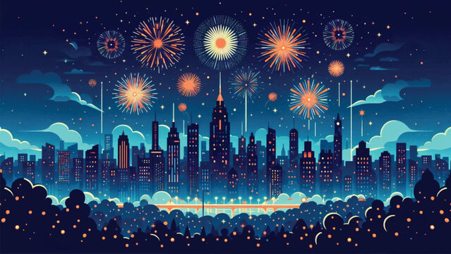 illustration of the night sky filled with fireworks, welcoming the arrival of the new year