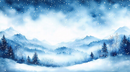 Obraz premium A serene winter landscape featuring gentle snowfall over distant mountains, ideal for holiday cards, seasonal promotions, and winter-themed designs.