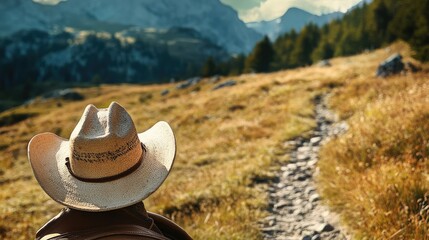 A person in a cowboy hat gazes at a scenic mountain landscape along a winding path.