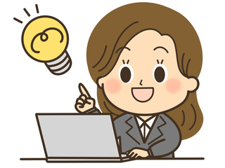パソコンで仕事をしてひらめいたスーツの女性のイラスト