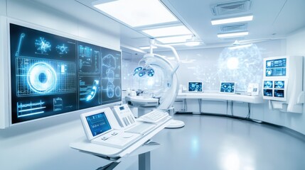 A high-tech smart healthcare diagnostics room, modern clinic with advanced diagnostic devices and data displays, Medical style