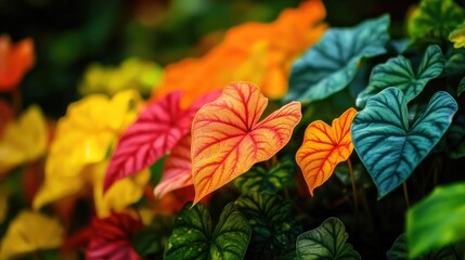 Colorful Heart-Shaped Leaves in a Vibrant Lush Greenery Background
