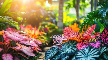 Vibrant Tropical Garden with Colorful Foliage and Sunlight
