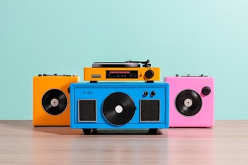 Nostalgic audio devices including a blue cassette player boombox, an orange vinyl turntable, and a pink portable radio, celebrating vintage sound and colorful designs
