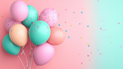 A bunch of colorful balloons with confetti on the background