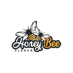 Organic honey bee logo design retro vintage concept bee animal premium template bumblebee