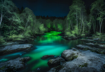 a glowing forest stream illuminated with neon green light in a magical ambiance
