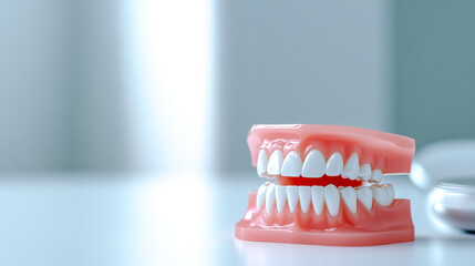 A set of dental prosthetics displayed on a reflective surface, showcasing realistic teeth, emphasizing dental health and oral care.