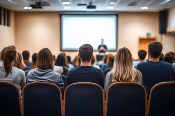 Speaker Addressing Audience in Modern Lecture Hall at Business Conference Event