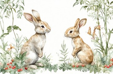 Obraz premium Cute Rabbits Hares Watercolor Illustration Nature Scene with Green Leaves and Red Berries