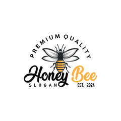 Organic honey bee logo design retro vintage concept bee animal premium template bumblebee