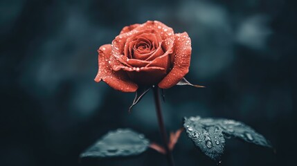 Beautiful Red Rose with Dew Drops on Dark Background