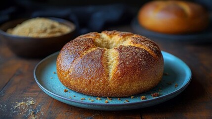 Rustic Freshly Baked Bread with Teal Ceramic Plate on Wooden Table