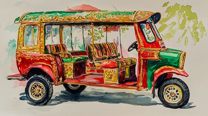 Obraz premium Colorful Ornate Asian Auto Rickshaw Watercolor Painting